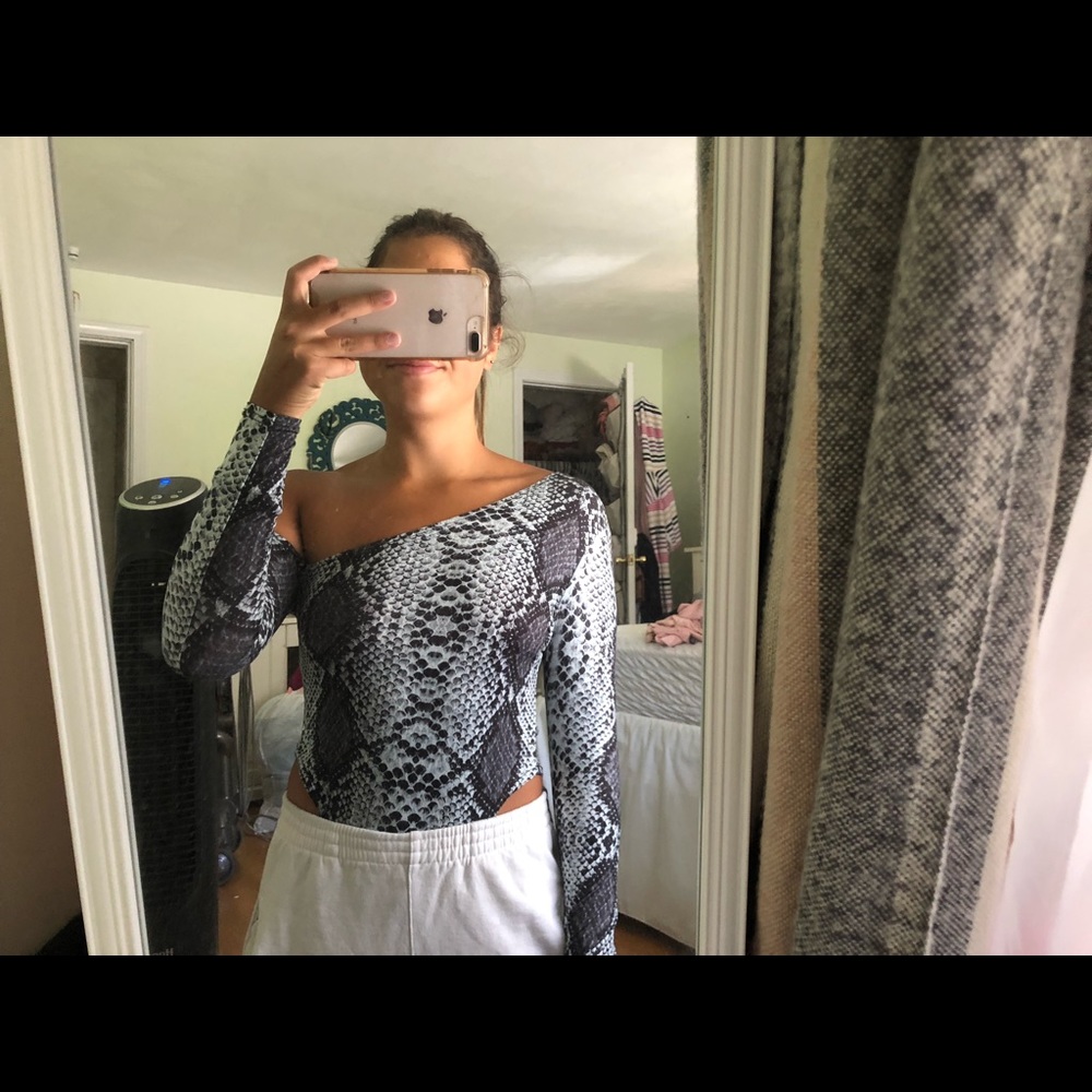 Snakeskin off the shoulder bodysuit